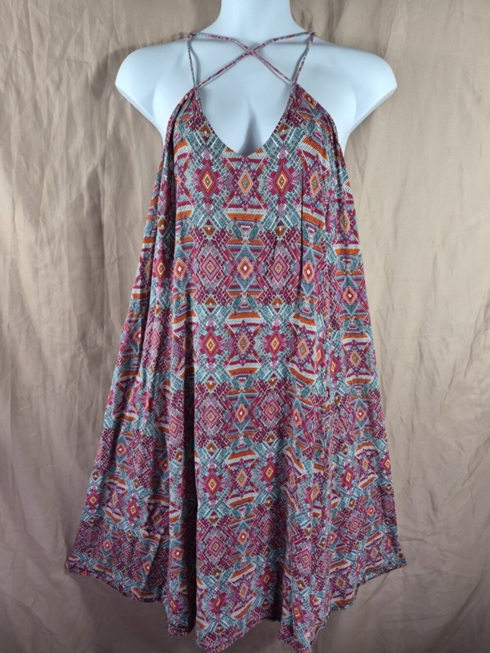 Ellos Women's Vibrant Pink & Blue Aztec Tribal Strappy Summer Maxi Dress Size 2X